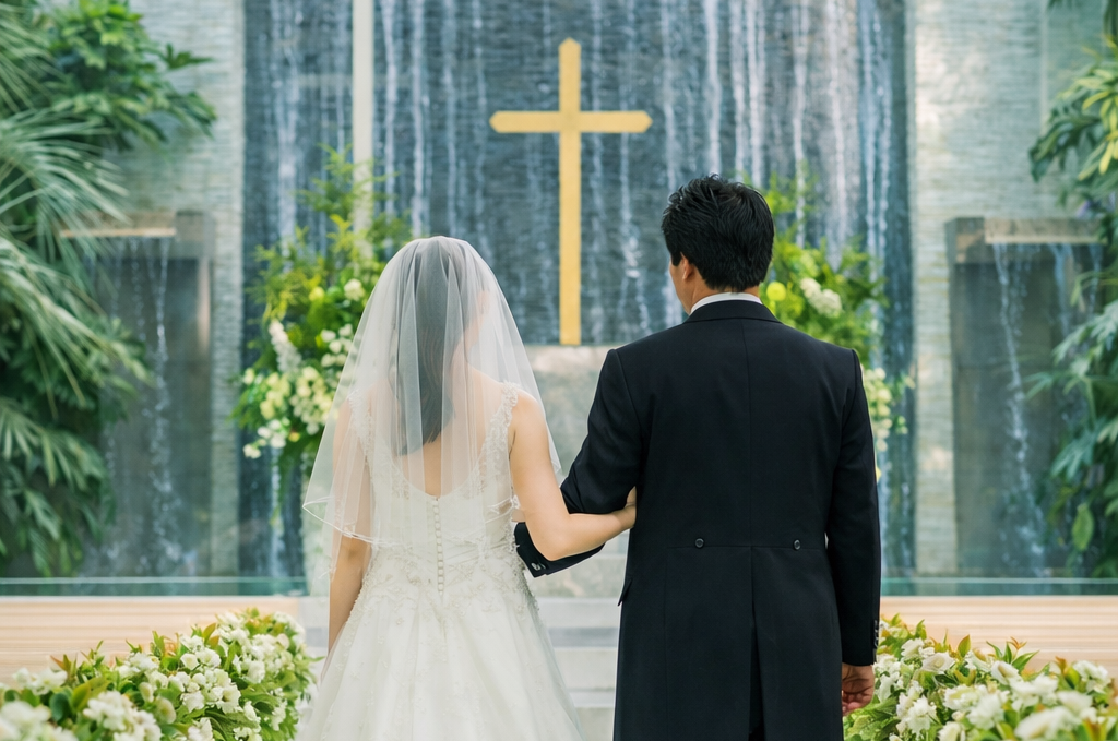 三島・沼津・富士エリアの結婚式場ラグシエナ。ガラスのバージンロードを歩くモーニング姿の父とAラインドレスの新婦。十字架に向かう後ろ姿が印象的なチャペル挙式シーン。