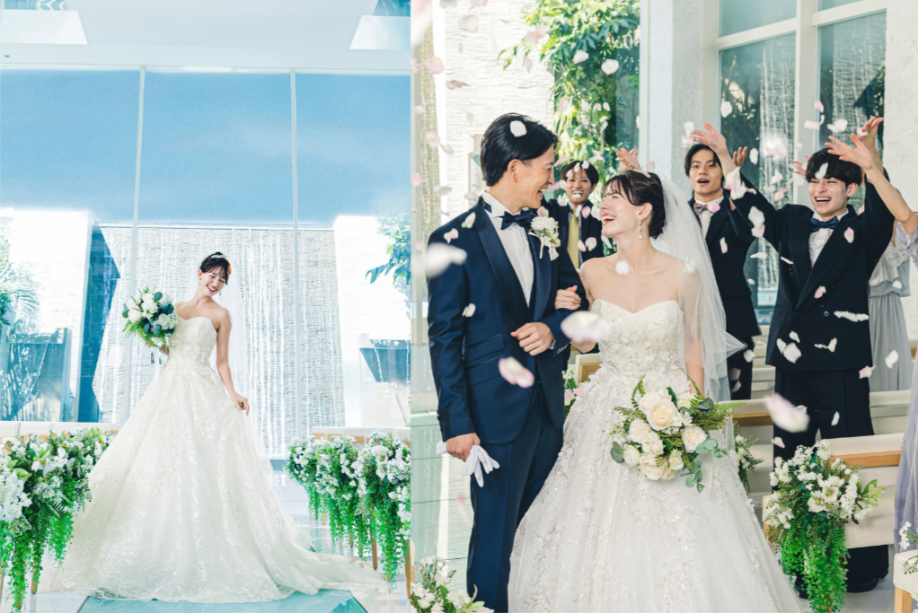 ラグシエナのガラスチャペルで行われた結婚式。三島・沼津・富士エリアのゲストハウスウェディングでフラワーシャワーに祝福される披露宴シーン