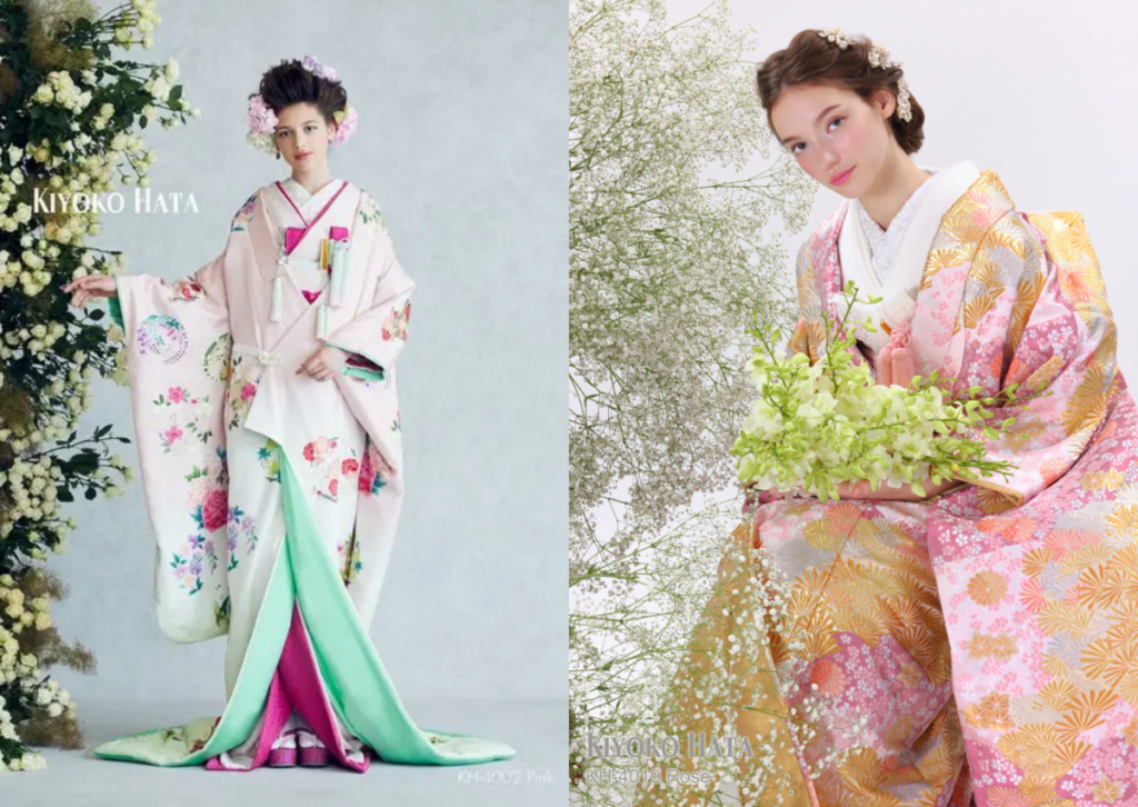 三嶋大社の結婚式で人気のラグシエナ和婚。KIYOKO HATAの色打掛 KH-2002 Pink と KH-4019 Rose を着た新婦の和装フォト。披露宴や前撮りにもおすすめの上質な和婚スタイル。
