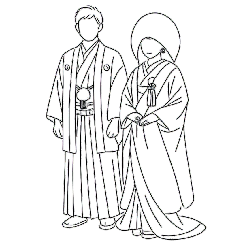 三嶋大社の神前式で紋付袴の新郎と白無垢（綿帽子）の新婦が並ぶ姿。ラグシエナでの披露宴にもつながる和婚イメージ。