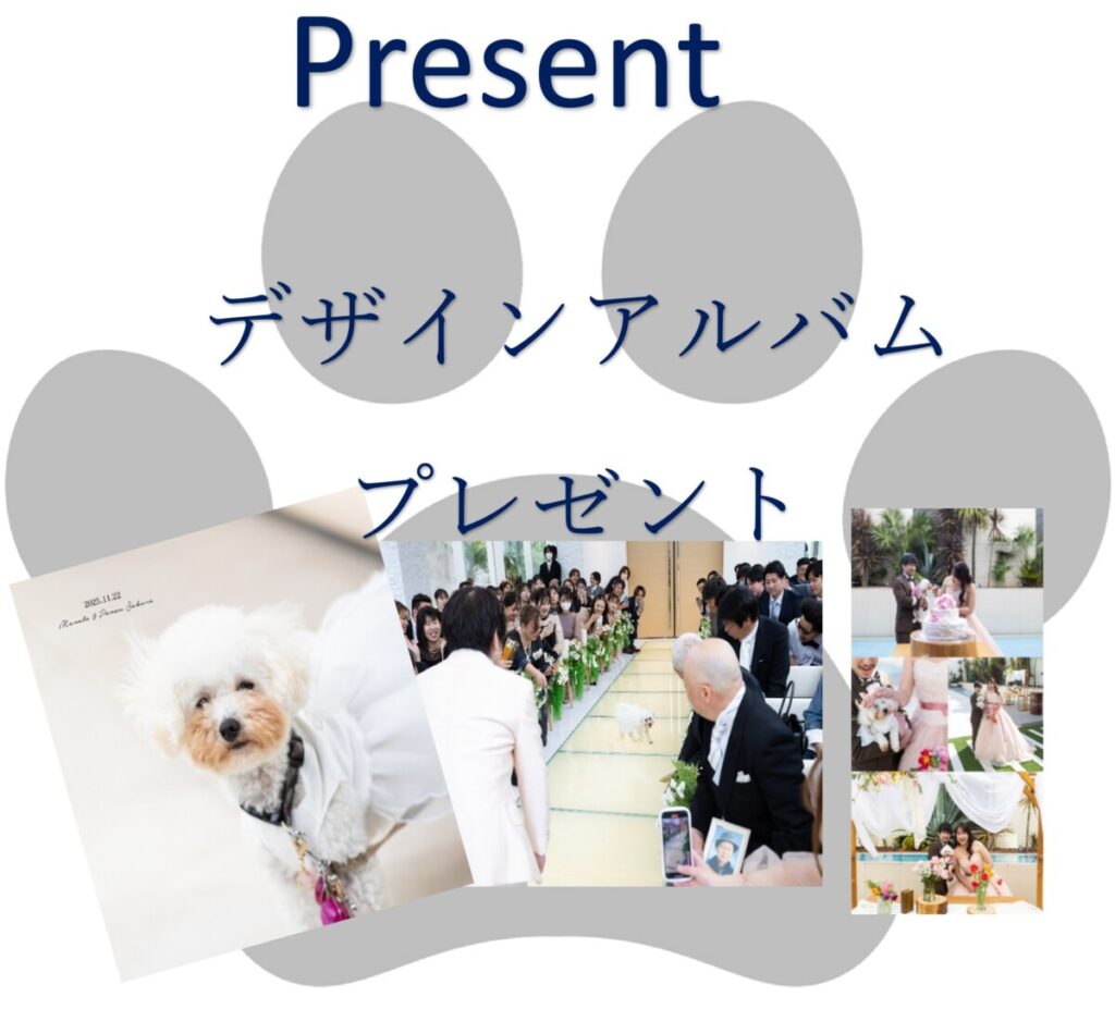 三島・沼津・富士エリアでペットウェディングを検討する方向けに、愛犬との結婚式の写真をまとめたデザインアルバムのプレゼントを紹介する画像。