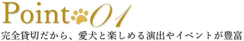 三島・沼津・富士エリアでペットウェディングを検討している方向けの、完全貸切で愛犬と楽しめる演出が豊富であることを紹介するポイント画像。
